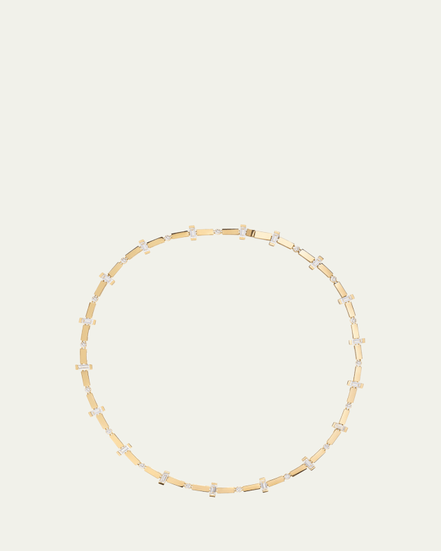 18K Yellow Gold Scattered Bar and Diamond Tennis Necklace